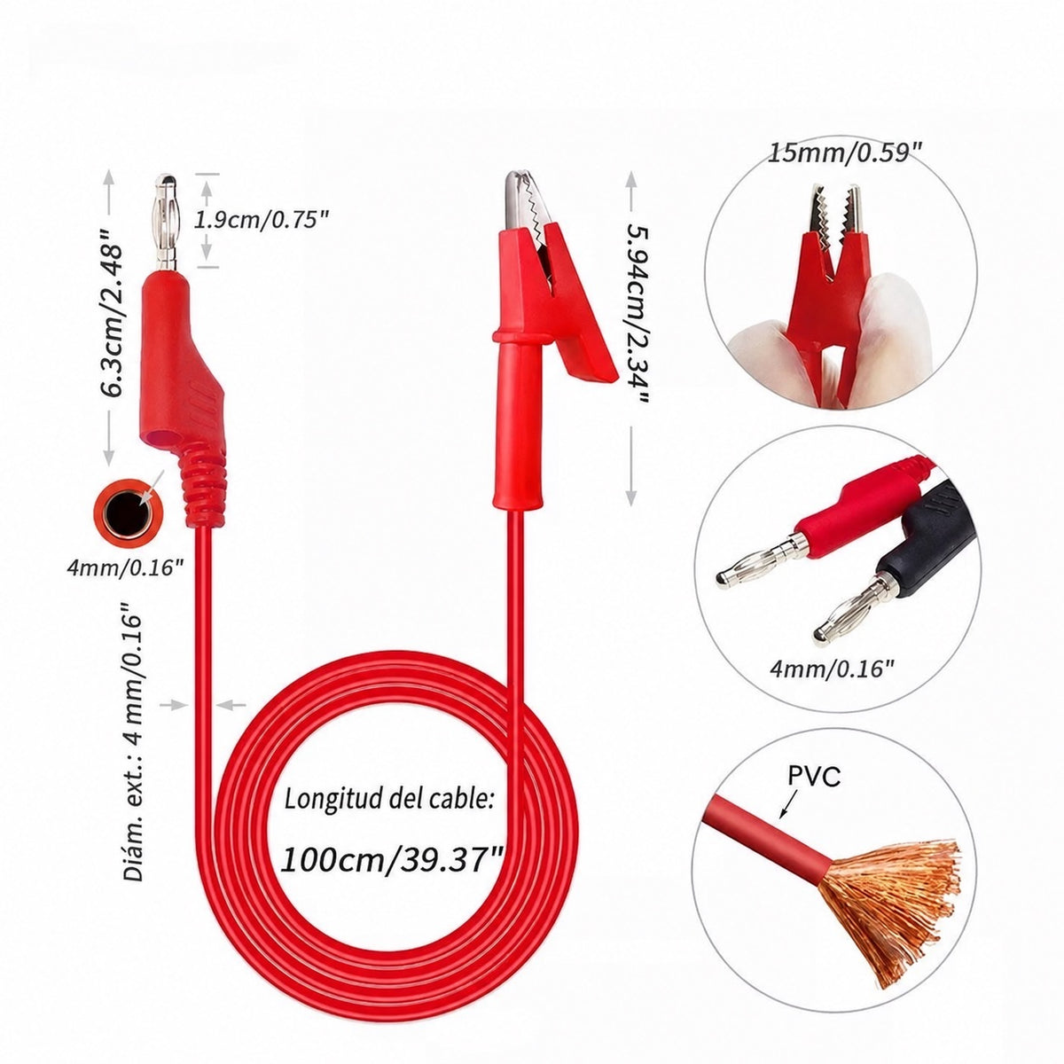 Cable de prueba de banana 4mm a lagarto de 1m - rojo-2