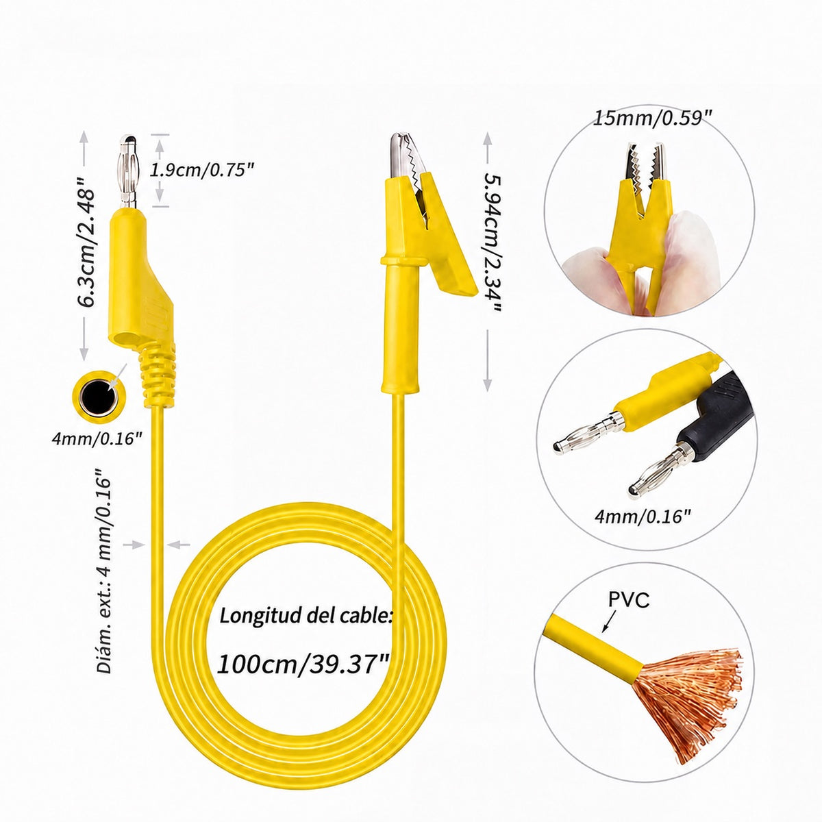 Cable de prueba de banana 4mm a lagarto de 1m - amarillo-2