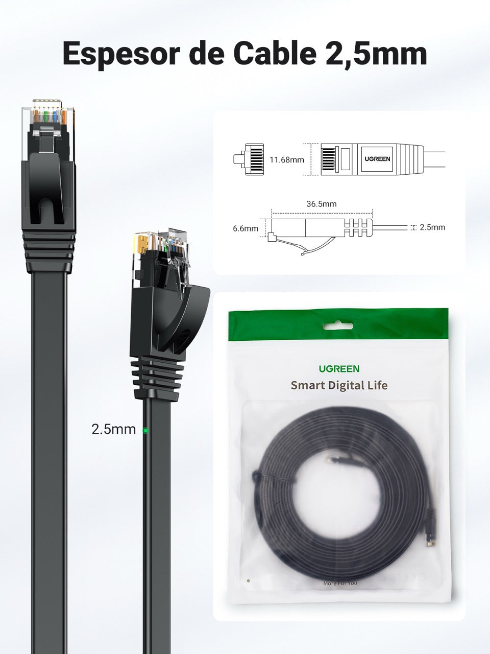 Cable de red plano UGREEN CAT 6 de 1m - negro-7