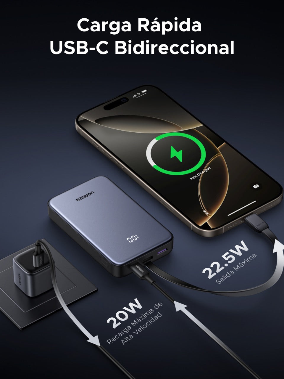 Batería portátil UGREEN con cable incorporado de 20W - 20,000 mAh-3