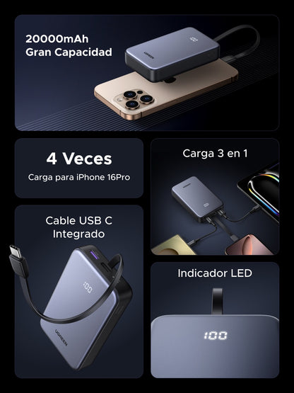 Batería portátil UGREEN con cable incorporado de 20W - 20,000 mAh-4