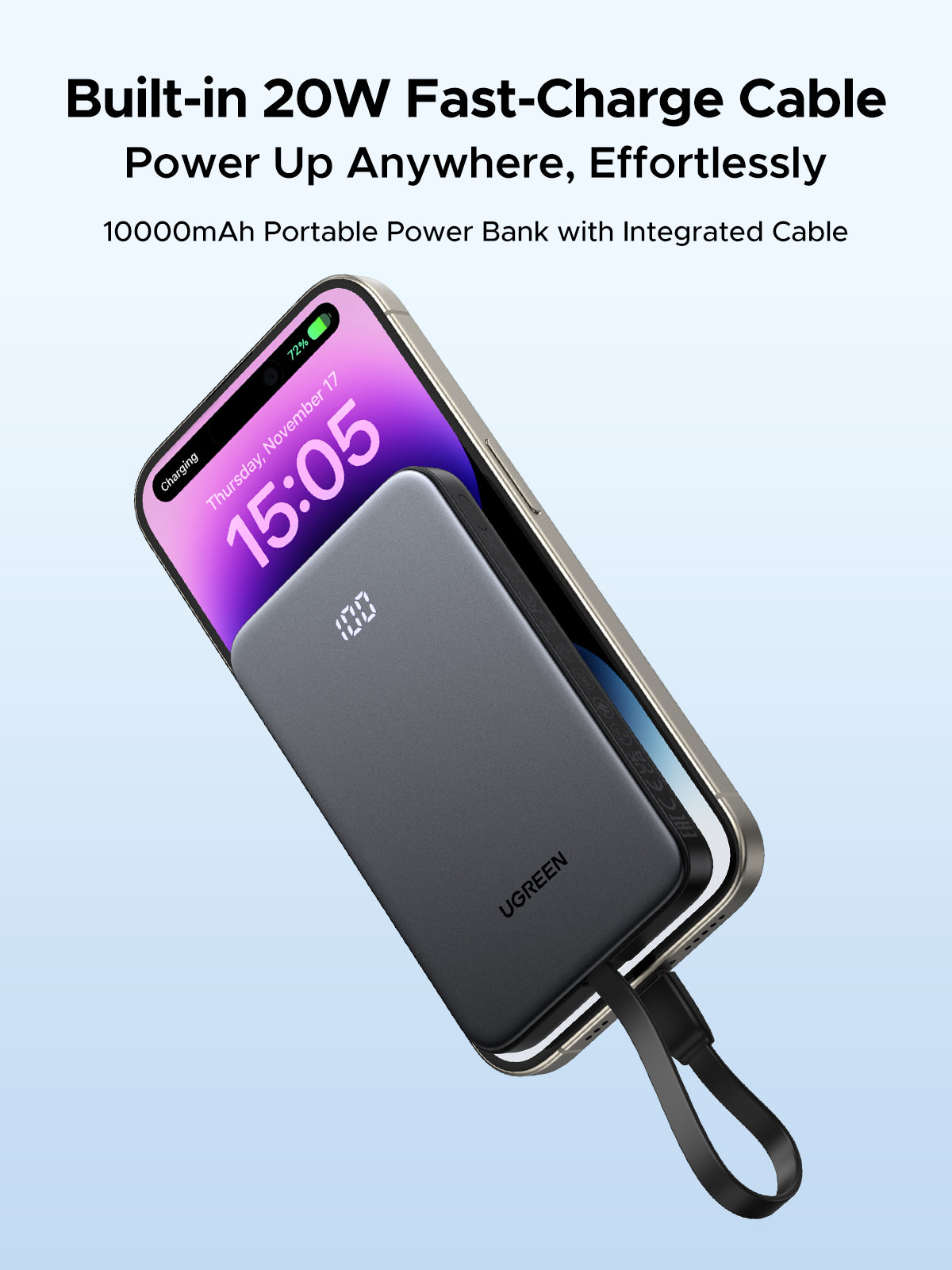 Batería portátil UGREEN con cable incorporado de 20W - 10,000 mAh