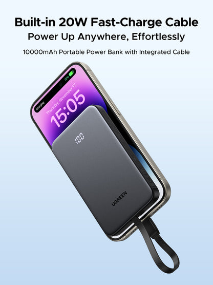 Batería portátil UGREEN con cable incorporado de 20W - 10,000 mAh