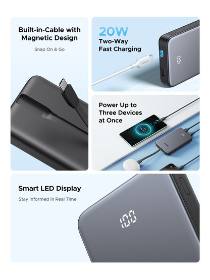 Batería portátil UGREEN con cable incorporado de 20W - 10,000 mAh