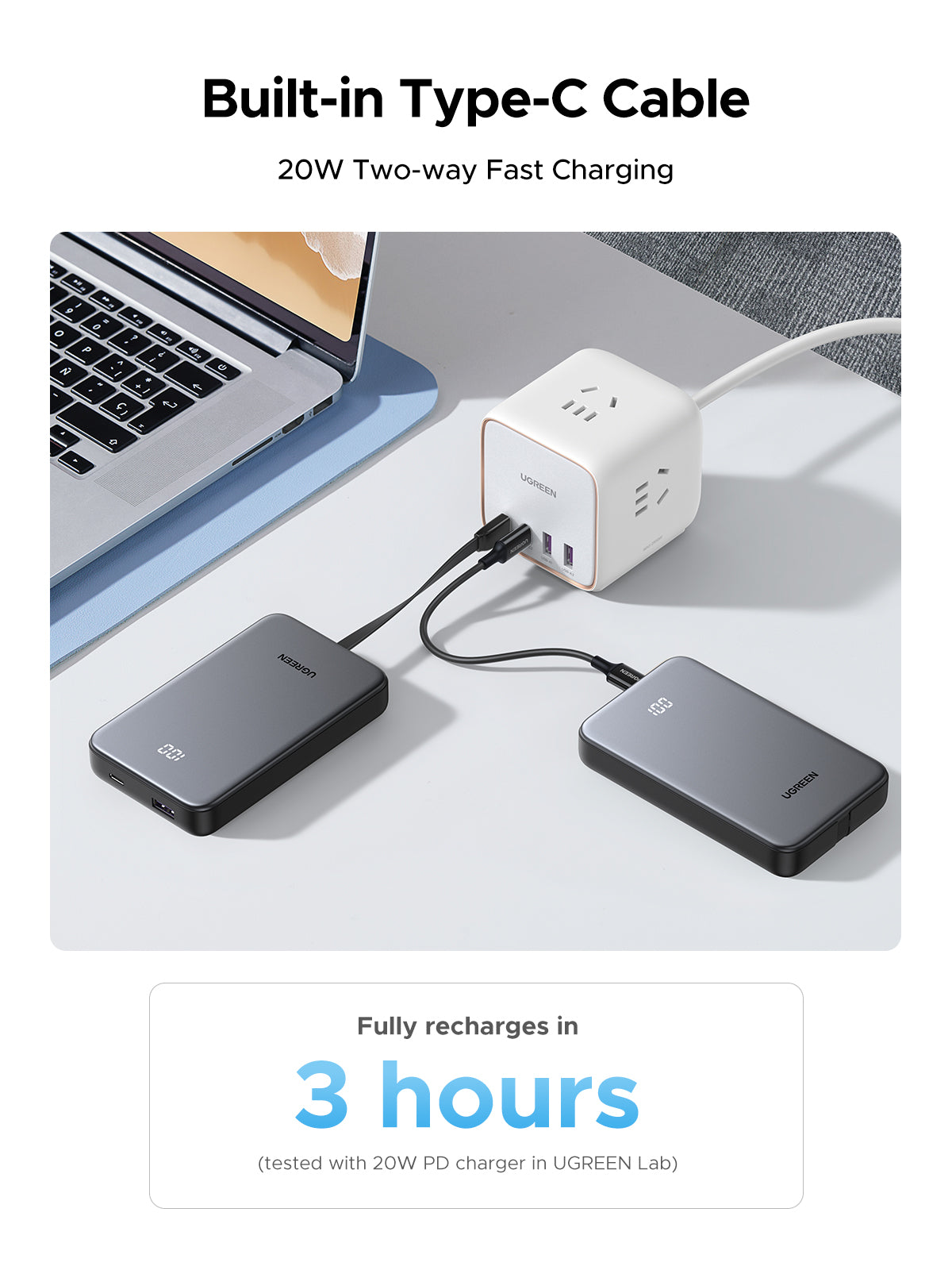 Batería portátil UGREEN con cable incorporado de 20W - 10,000 mAh
