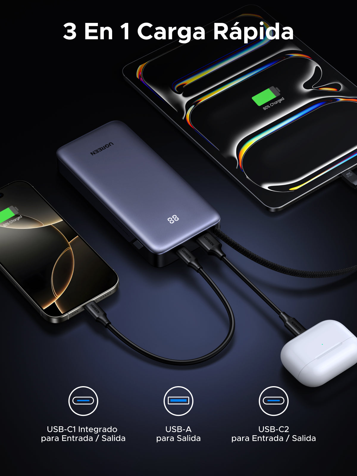 Batería portátil UGREEN con cable incorporado de 45W - 20,000 mAh