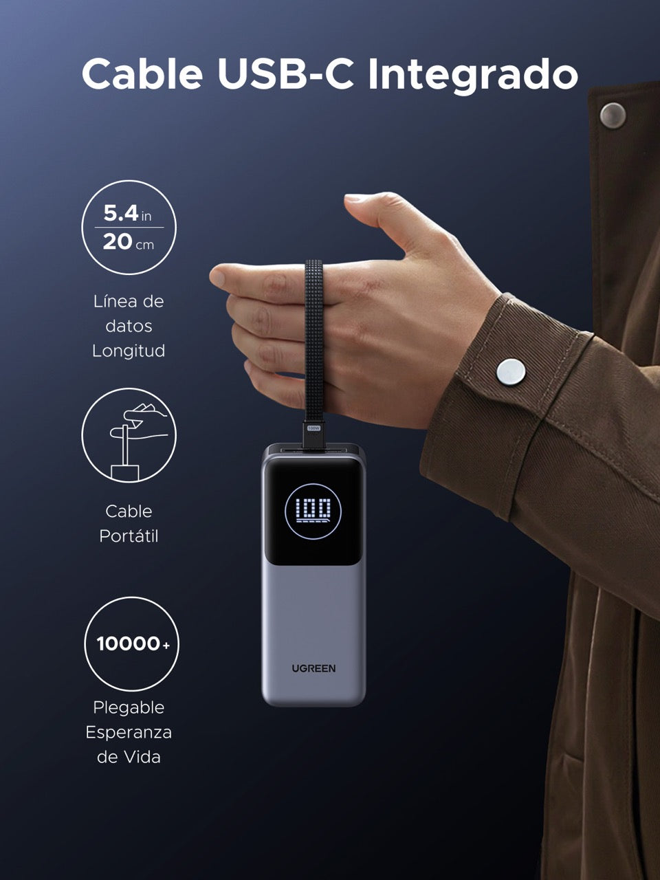 Batería portátil UGREEN con cable incorporado de 130W - 20,000mAh-3