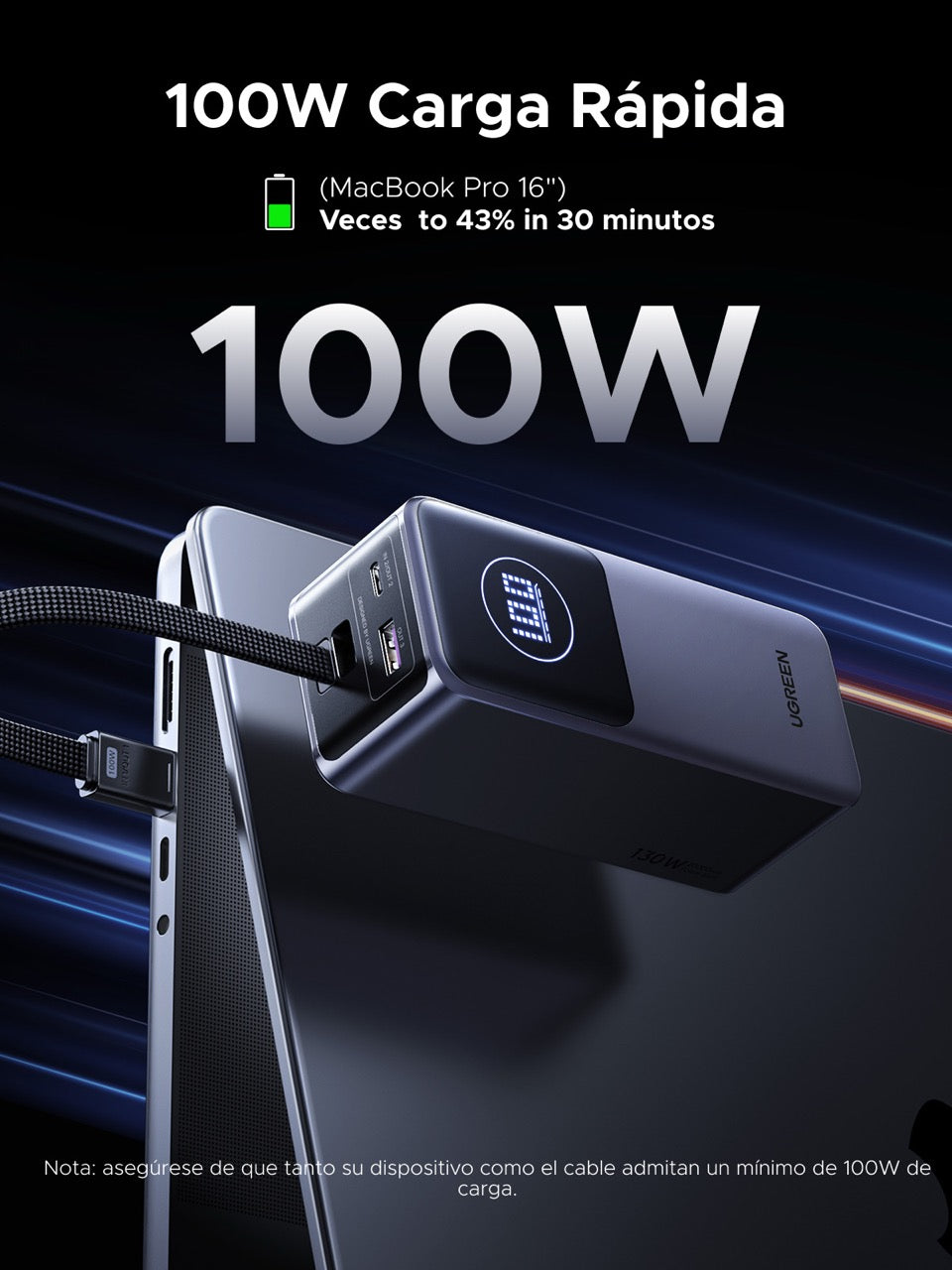 Batería portátil UGREEN con cable incorporado de 130W - 20,000mAh-4