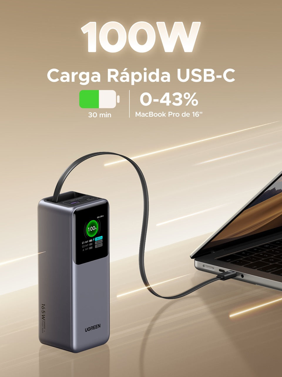 Batería portátil UGREEN con cable retráctil de 165W - 20,000mAh-3