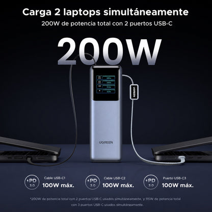 Batería portátil UGREEN con doble cable de 200W - 25,000 mAh