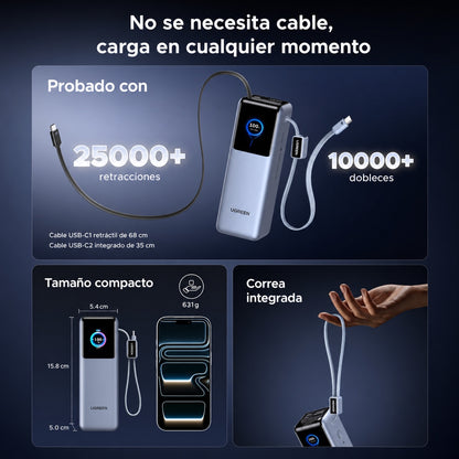Batería portátil UGREEN con doble cable de 200W - 25,000 mAh