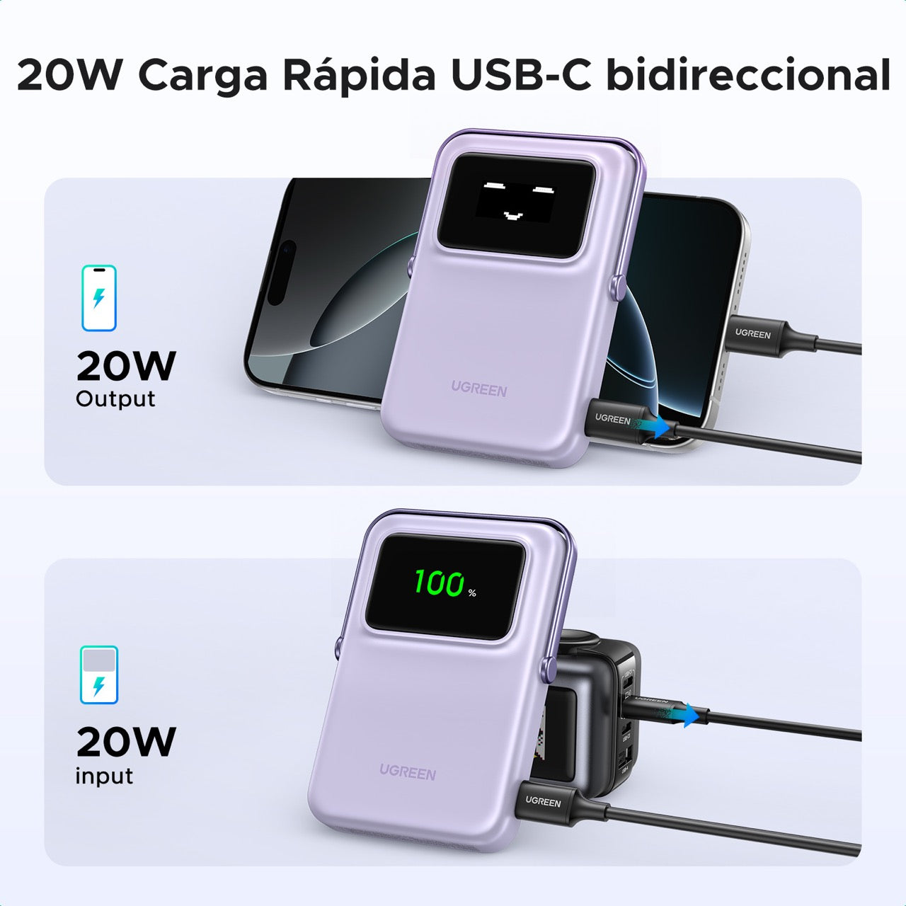 Batería portátil UGREEN UNO inalámbrica de 15W - 10,000 mAh - lila-6