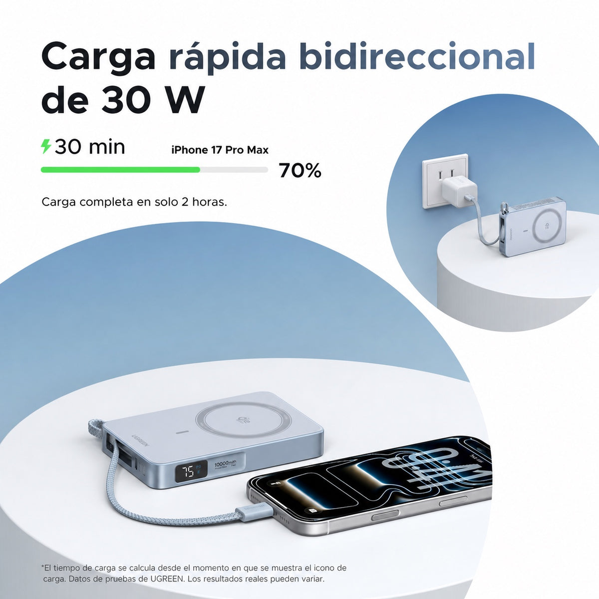 Batería portátil UGREEN inalámbrica de 25W con cable - 10,000 mAh - celeste