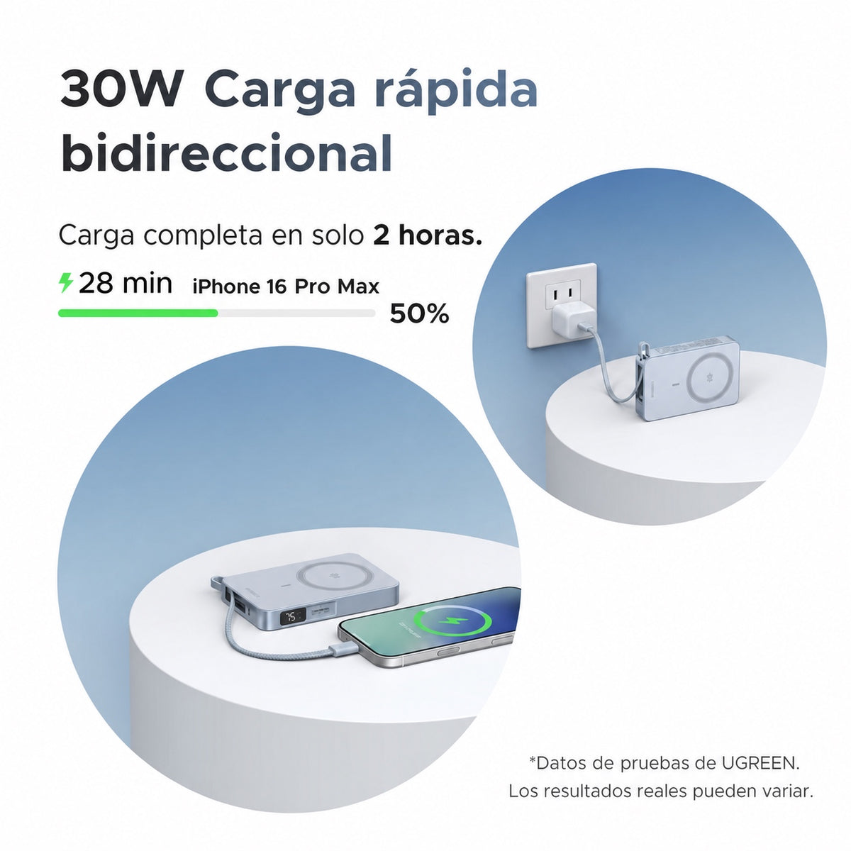 Batería portátil UGREEN inalámbrica de 25W con cable - 10,000 mAh - celeste