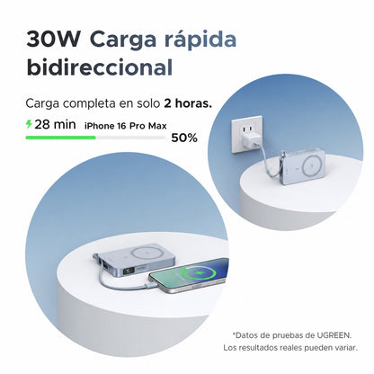 Batería portátil UGREEN inalámbrica de 25W con cable - 10,000 mAh - celeste