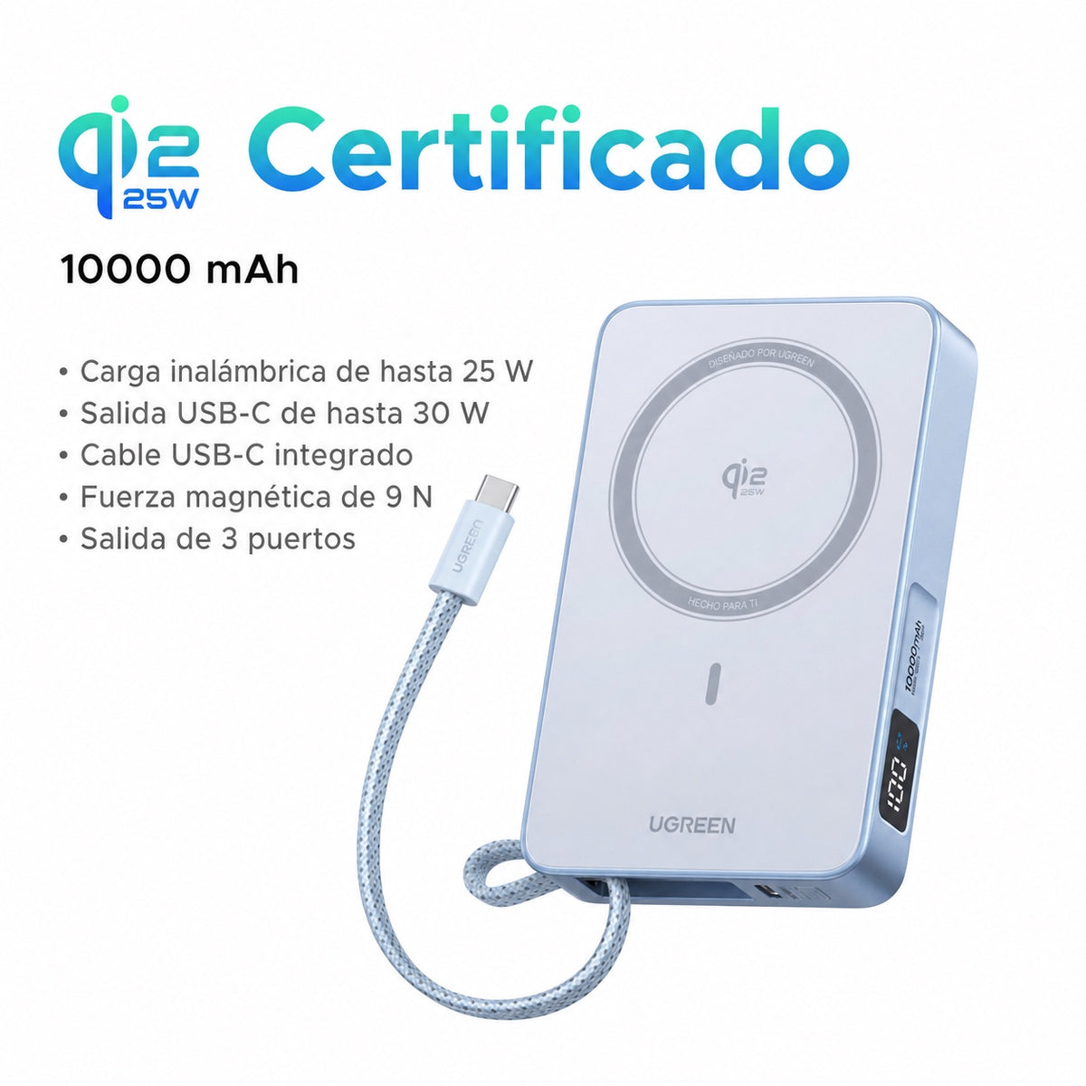Batería portátil UGREEN inalámbrica de 25W con cable - 10,000 mAh - celeste