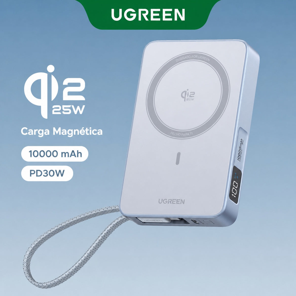 Batería portátil UGREEN inalámbrica de 25W con cable - 10,000 mAh - celeste