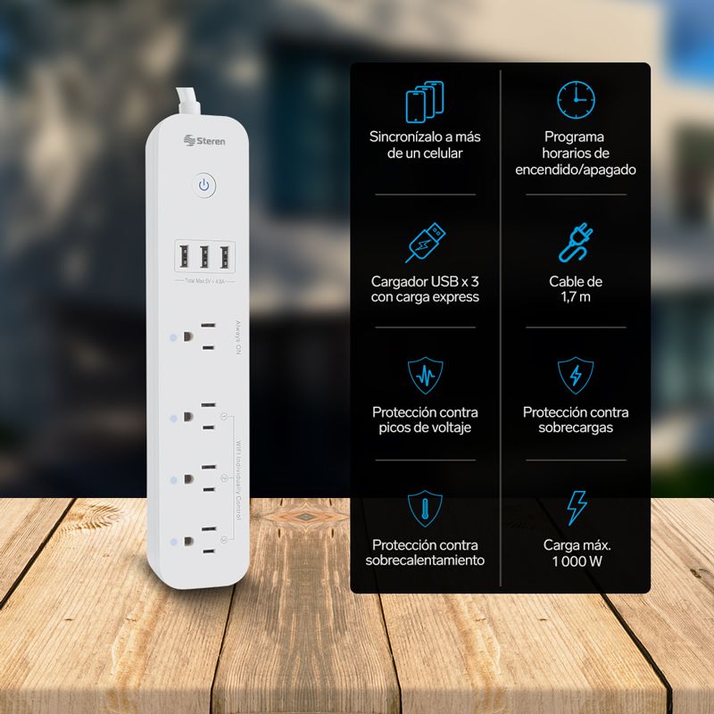 Regleta inteligente Steren Wi-Fi de 4 contactos y 3 USB-2