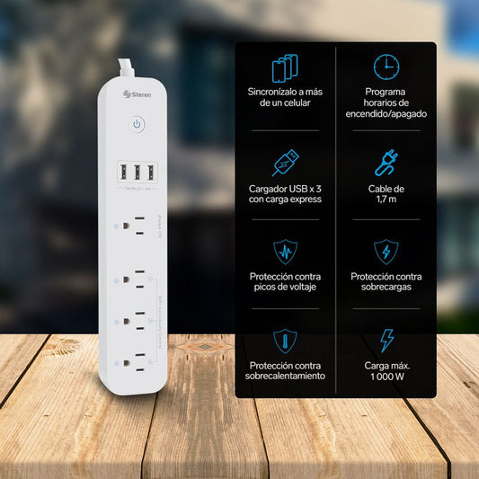 Regleta inteligente Steren Wi-Fi de 4 contactos y 3 USB-2