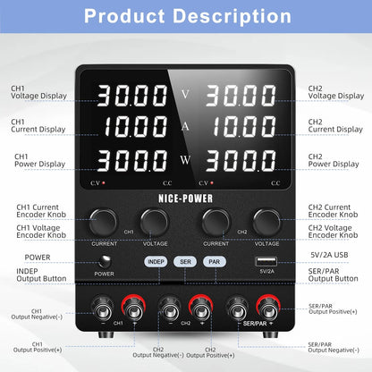 Fuente DC dual Kuaiqu de 600W - 30V-20A - 60V-10A o 2 salidas 30V-10A-2