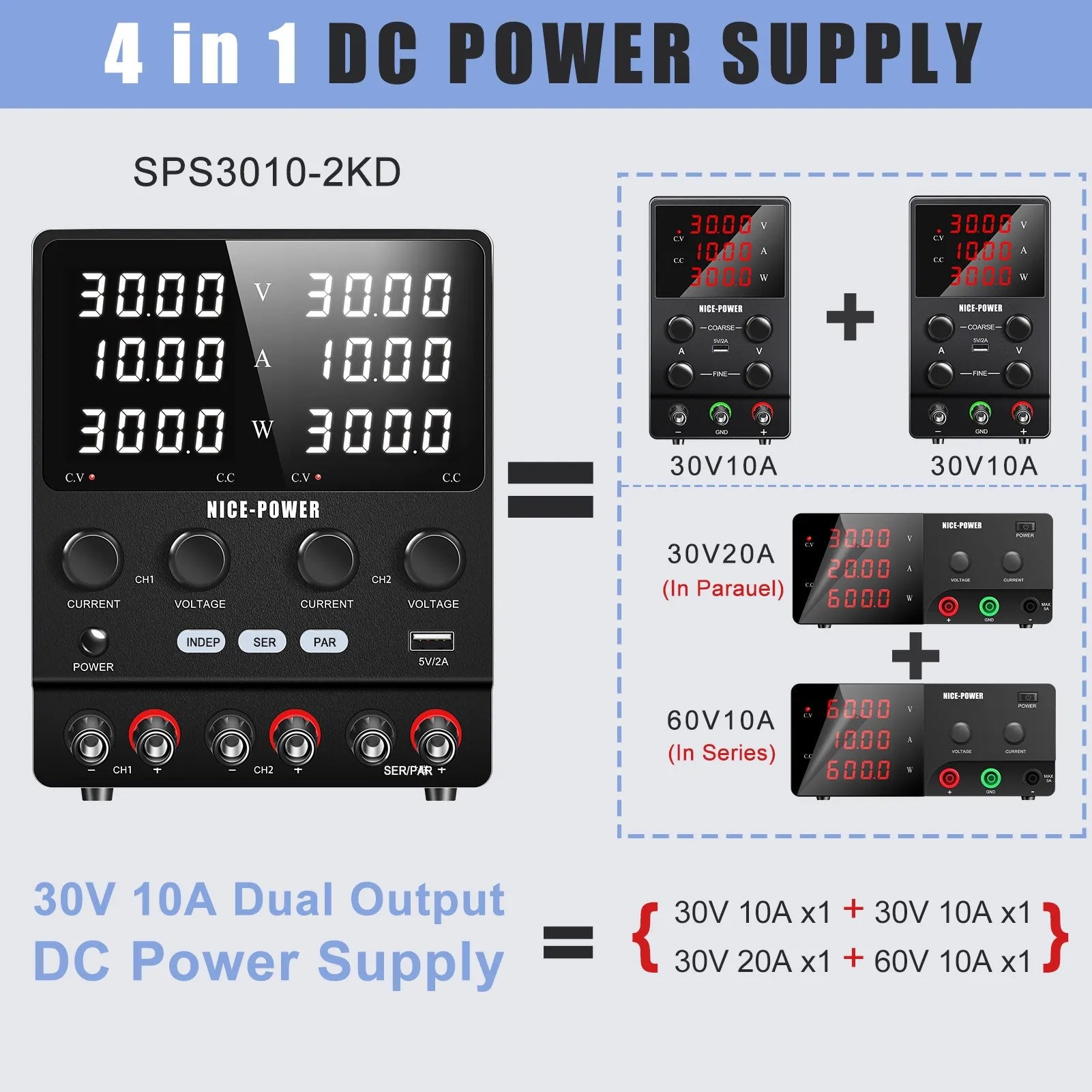 Fuente DC dual Kuaiqu de 600W - 30V-20A - 60V-10A o 2 salidas 30V-10A-3