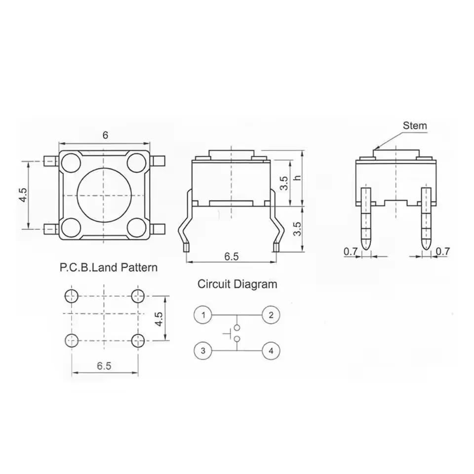 Pulsador de PCB NA de 4 pines de 6 x 6 x 6 mm-3
