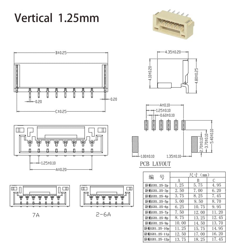 Kit de conectores verticales SMD GH1.25 de 2 a 10 pines - 150 piezas-2
