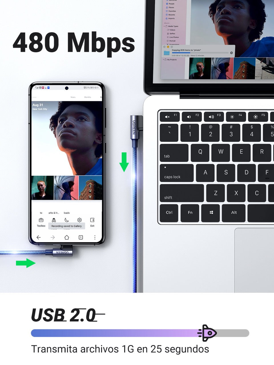 Cable USB-C a USB-A trenzado a 90 grados UGREEN de 18W - 1m-4