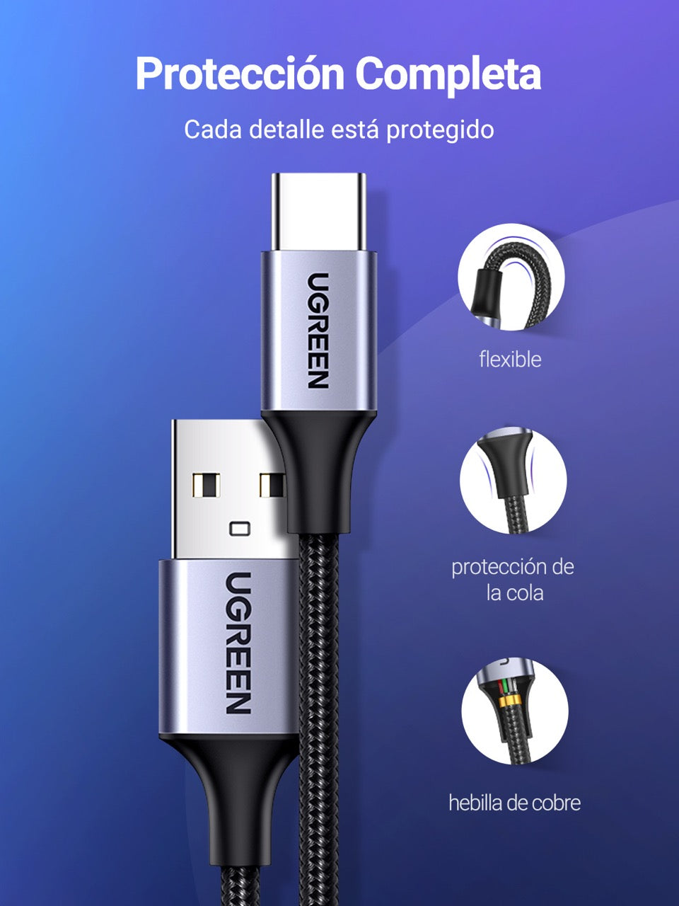 Cable USB-C a USB-A trenzado UGREEN de 18W - 2m-8