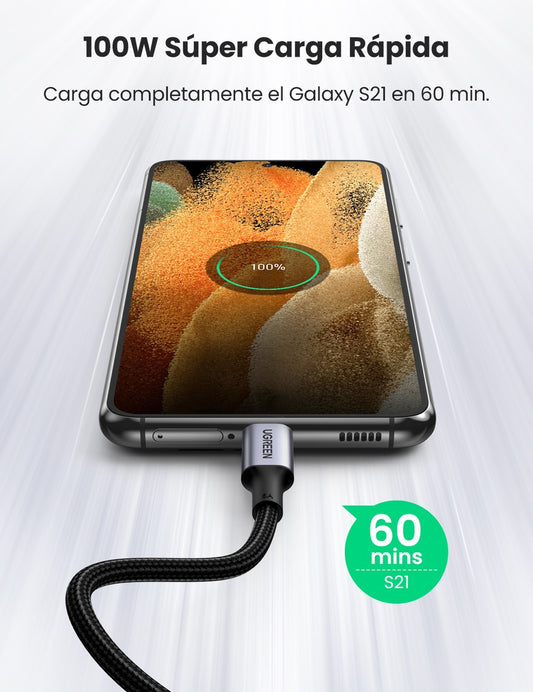 Cable USB-C trenzado con un conector angulado UGREEN de 100W - 3m-2