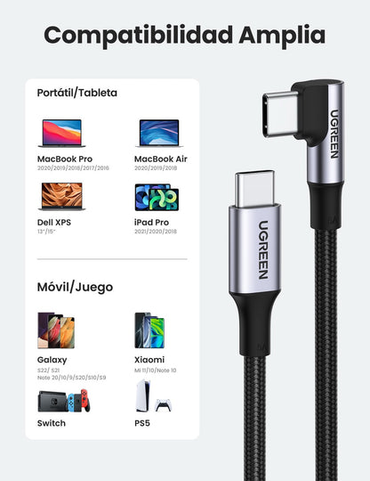 Cable USB-C trenzado con un conector angulado UGREEN de 100W - 1m-8