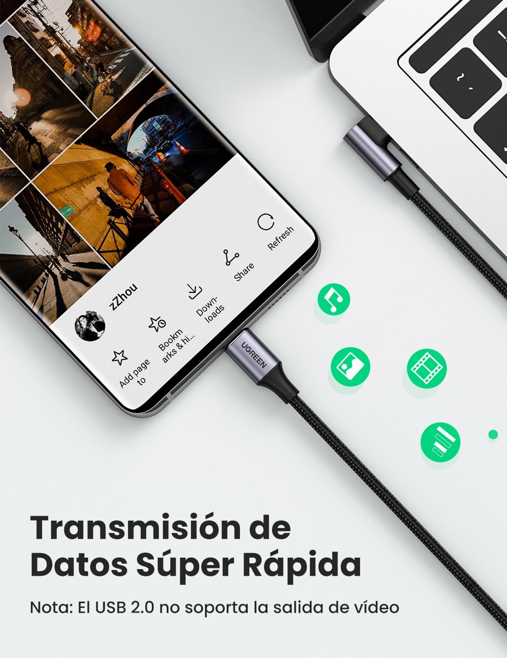 Cable USB-C trenzado con un conector angulado UGREEN de 100W - 1m-4