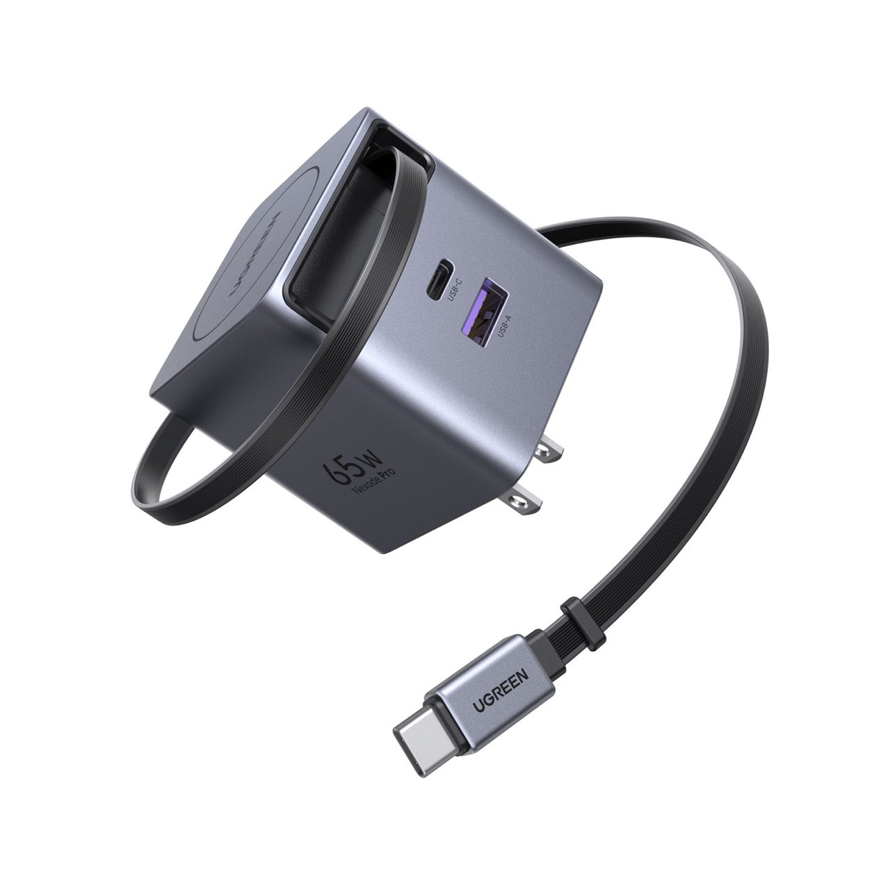 Cargador UGREEN de 3 puertos con cable retráctil - 65W-1