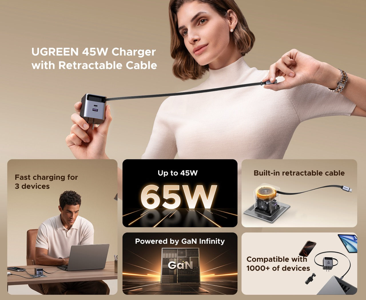 Cargador UGREEN de 3 puertos con cable retráctil - 65W-3