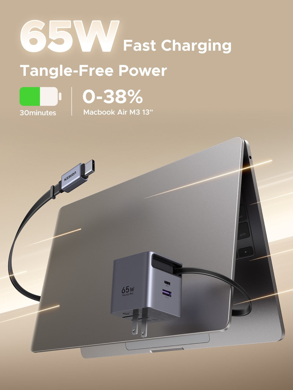 Cargador UGREEN de 3 puertos con cable retráctil - 65W-4