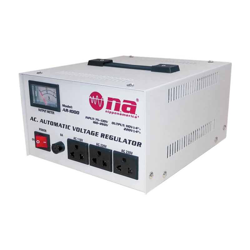 Regulador de voltaje N.A. 1,000W con conexiones tipo tomacorriente