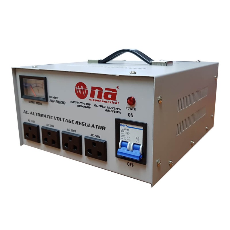Regulador de voltaje N.A. 3,000W con conexiones tipo tomacorriente Regulador de voltaje N.A. 3,000W con conexiones tipo tomacorriente