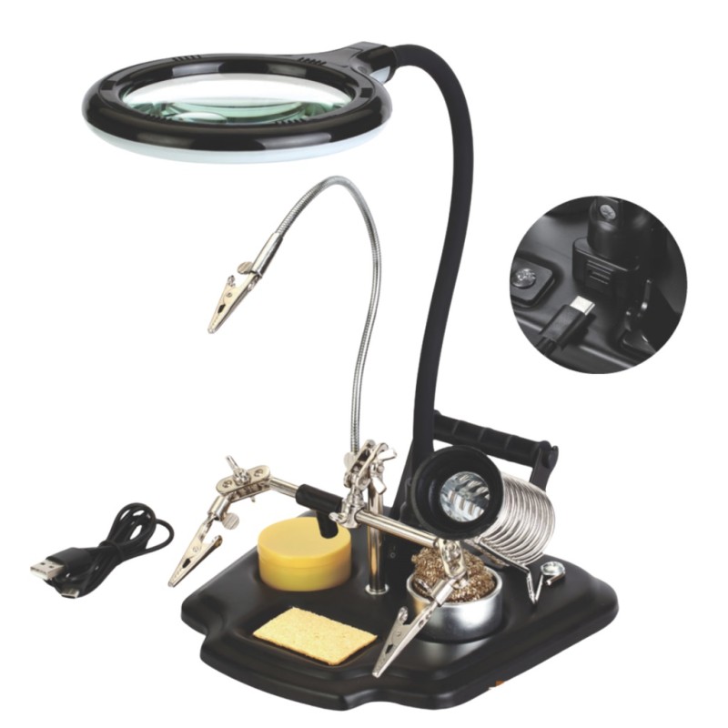 Tercer brazo con lupa, base para cautín y lámpara USB
